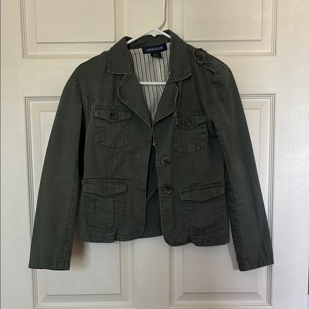 100% cotton Green Button-Up Jacket